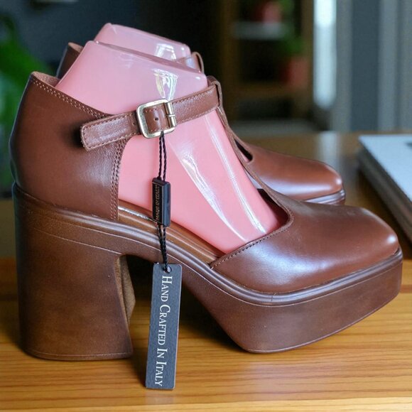 NEW CHRISTIAN DI RICCIO ( 9.5 ) Italian Brown Leather Square Toe Mary Jane's - Picture 3 of 11